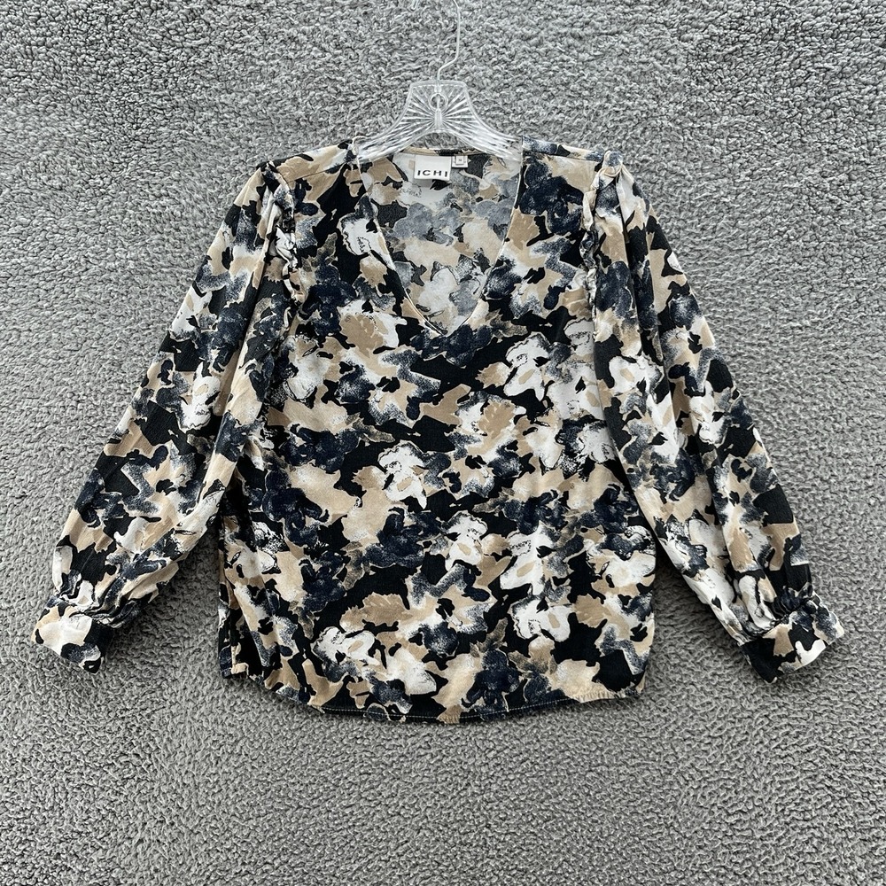 ICHI Blouse Womens 36 or US 4 Blue Beige White Gray Floral Career Peasant Top